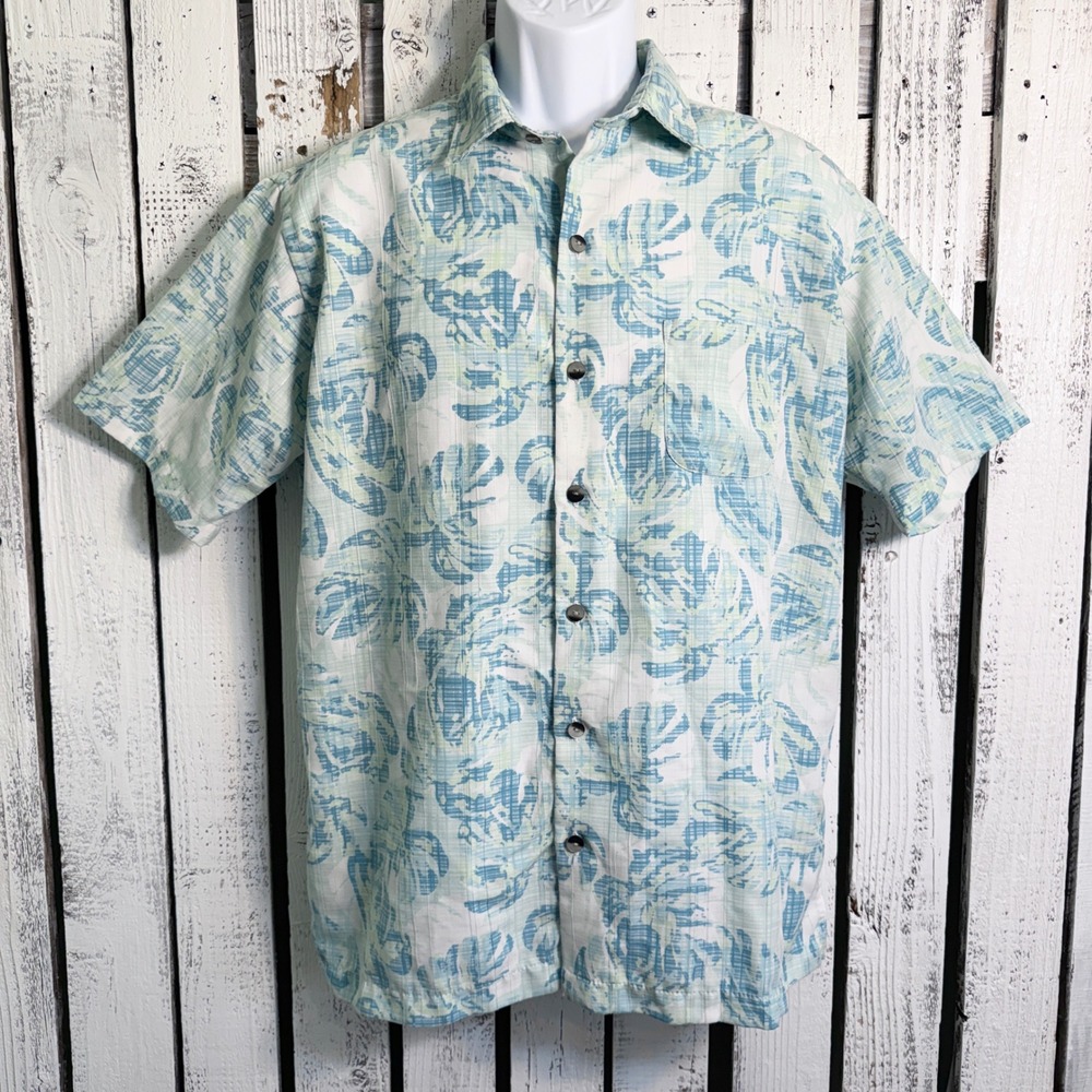Van Heusen Tropical Leaf Shirt L Hawaiian Short Sleeve Button Up Blue Green Soft
